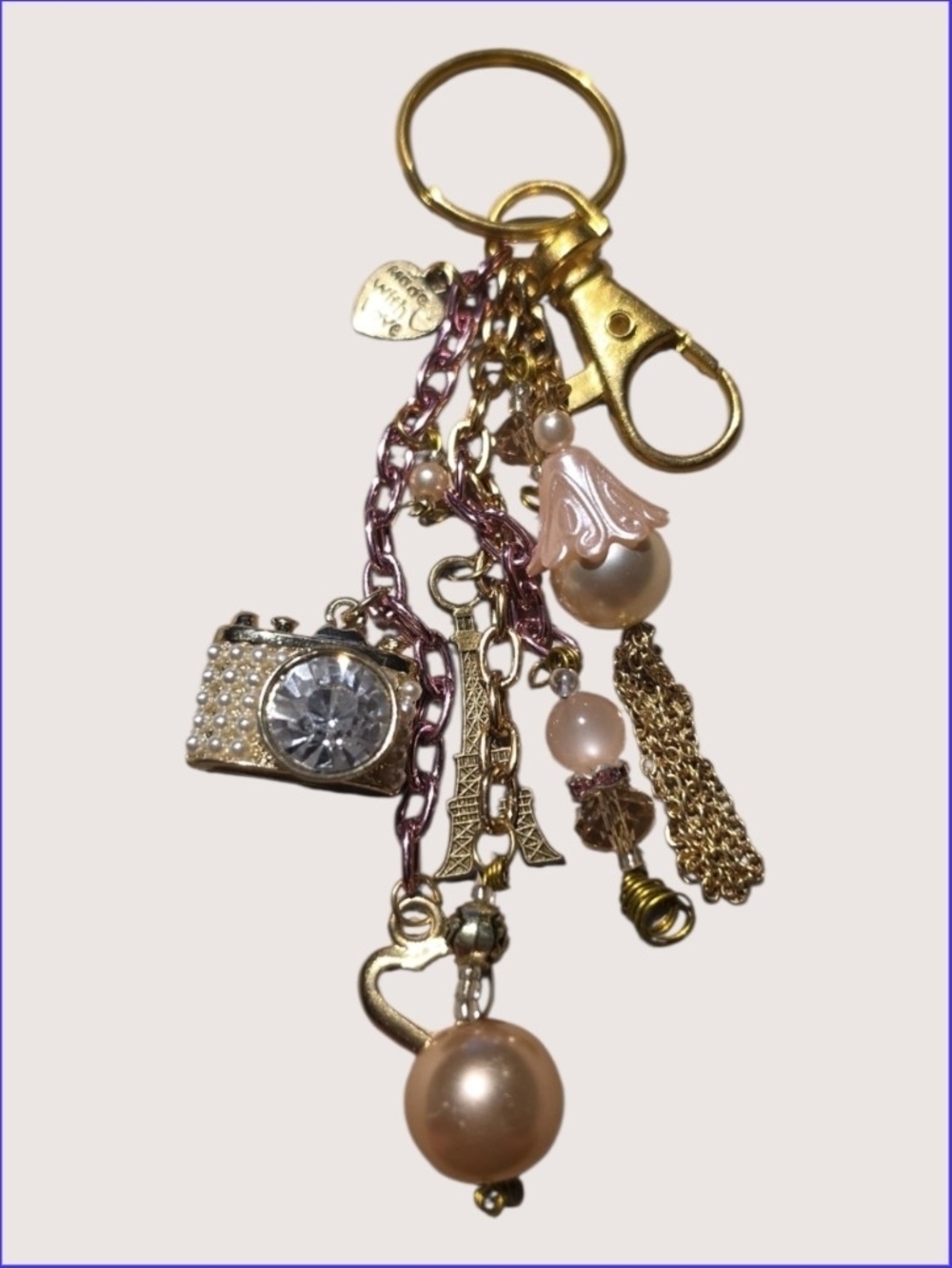 Gold & Pink Pearl Camera Charm Keychain/Purse Charm One Of A Kind Handcrafted - Picture 5 of 11